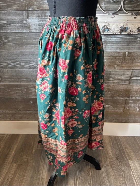 Vera Bradley Vintage (Size S/M/L) Teal Maxi Skirt with Pink Rose Print - Picture 3 of 9